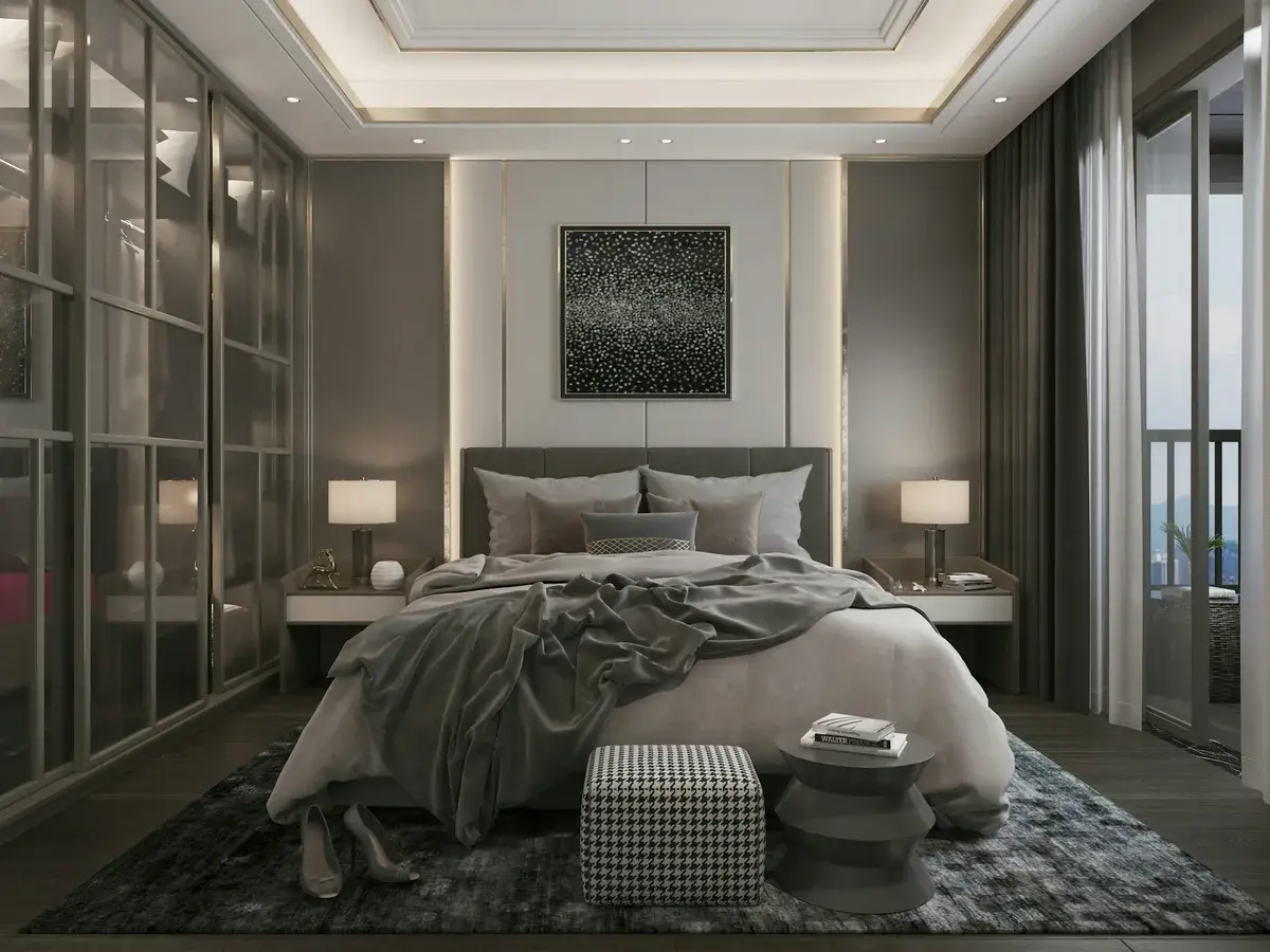 Master bedroom interior with panelled headboard and cove lit false ceiling in Kokapet, Hyderabad Master bedroom interior with panelled headboard and cove lit false ceiling in Kokapet, Hyderabad