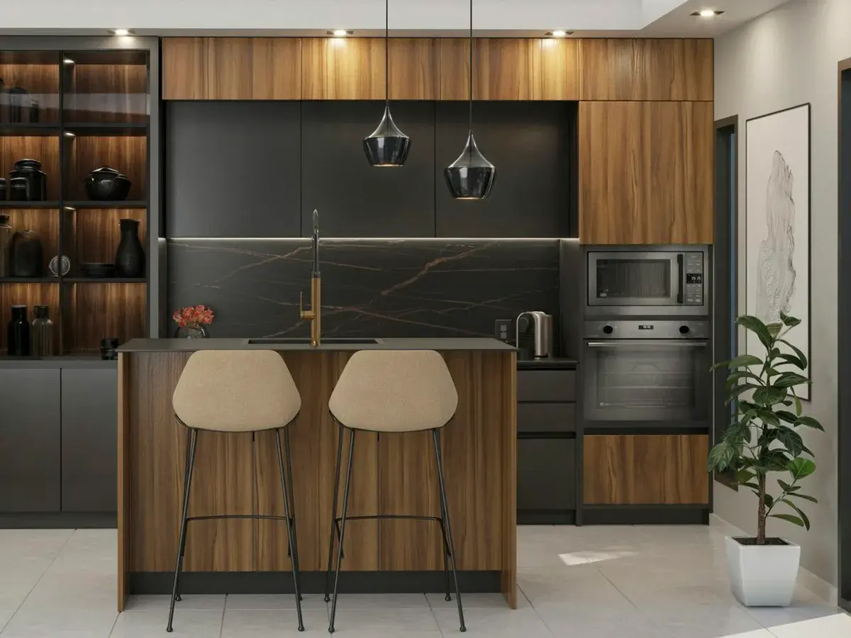 Modular kitchen with walnut finish island and graphite cabinetry in Gachibowli, Hyderabad Modular kitchen with walnut finish island and graphite cabinetry in Gachibowli, Hyderabad